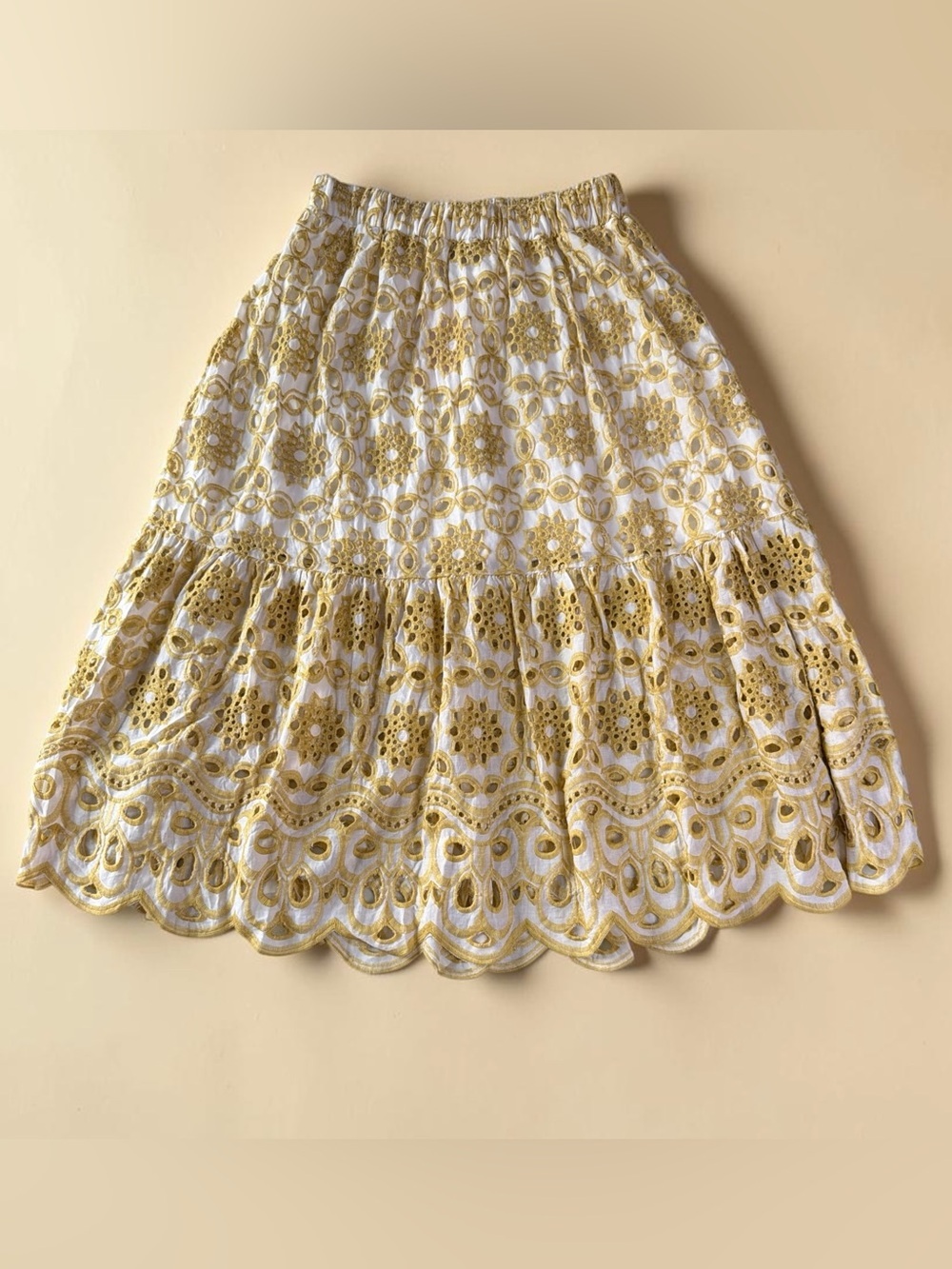 Mustard yellow embroidered midi skirt